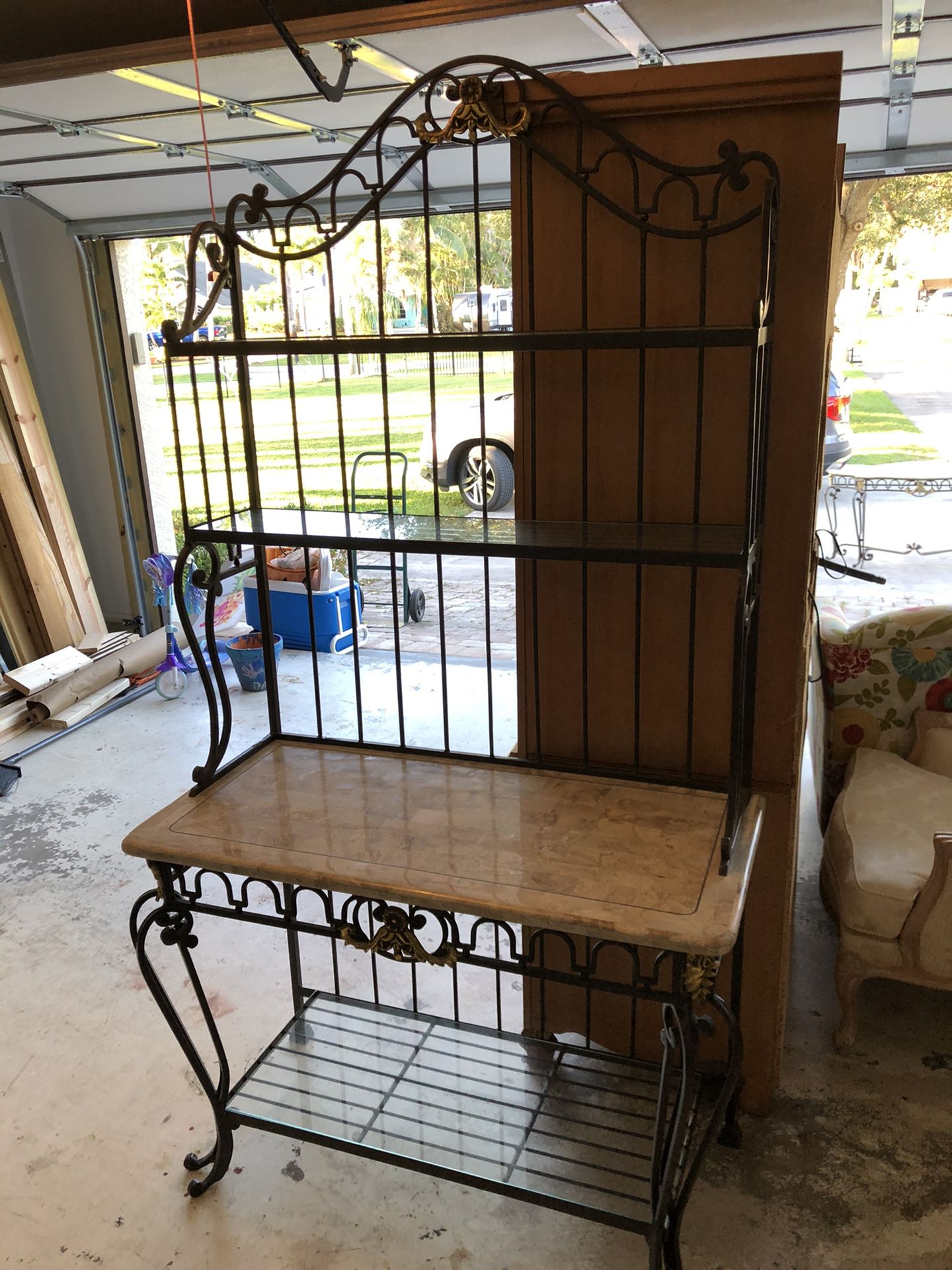 Iron, glass & marble bakers rack