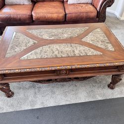 Luxury Carved Wood Leather Sofa Set + Marble Coffee Table