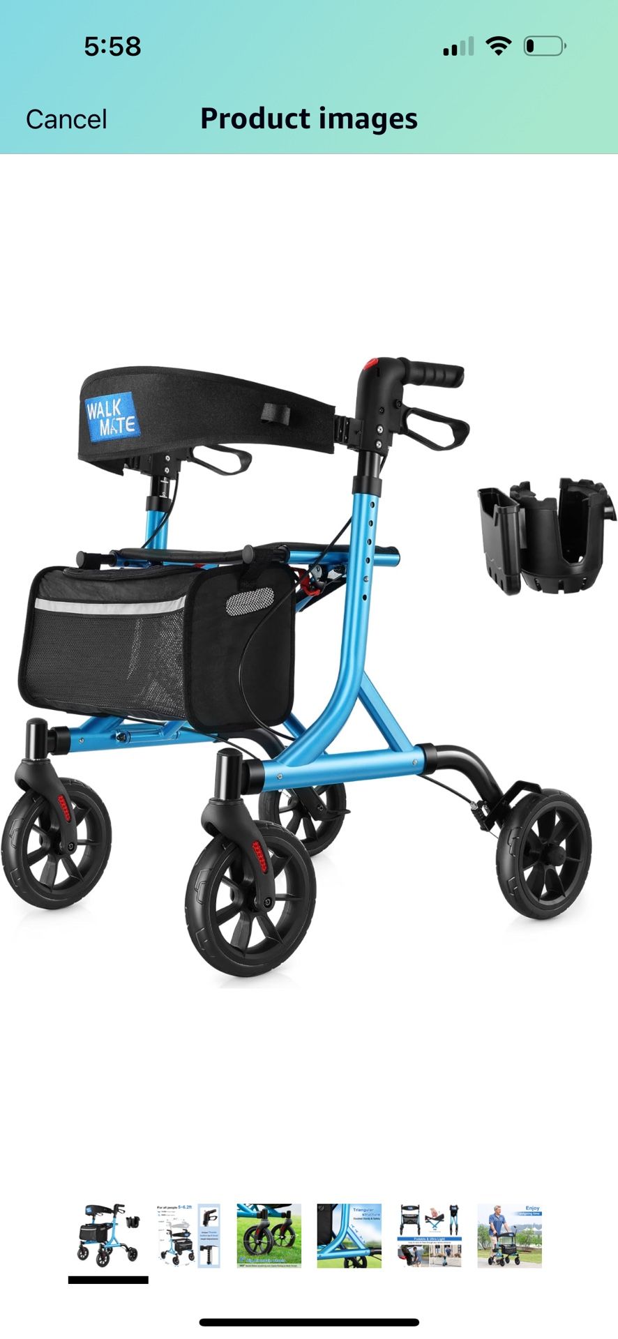 Rollator Walker for Seniors with Cup Holder, Upgraded Thumb Press Button for Height Adjustment, 4 x 8" Wheels Walker with Seat Padded Backrest Folding