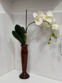 Vinatge Mid Century Wood Vase with White Orchid