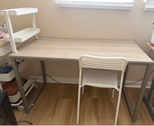 Light Wood Desk, chair, desk shelf