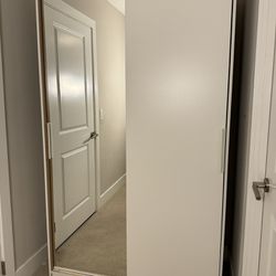 White Wooden Wardrobe with Sliding Door, Mirror, Shelves & Hanging Rods.