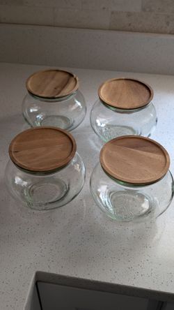 Moving sale! Set of 4 Weck Glass Tulip Jars with Acacia Wood Lids