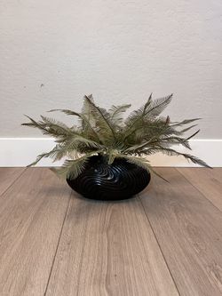 23” Wide Pier One Artificial Bonsai Fern Plant With Espresso Brown Wave Planter Pot-Artificial Plant
