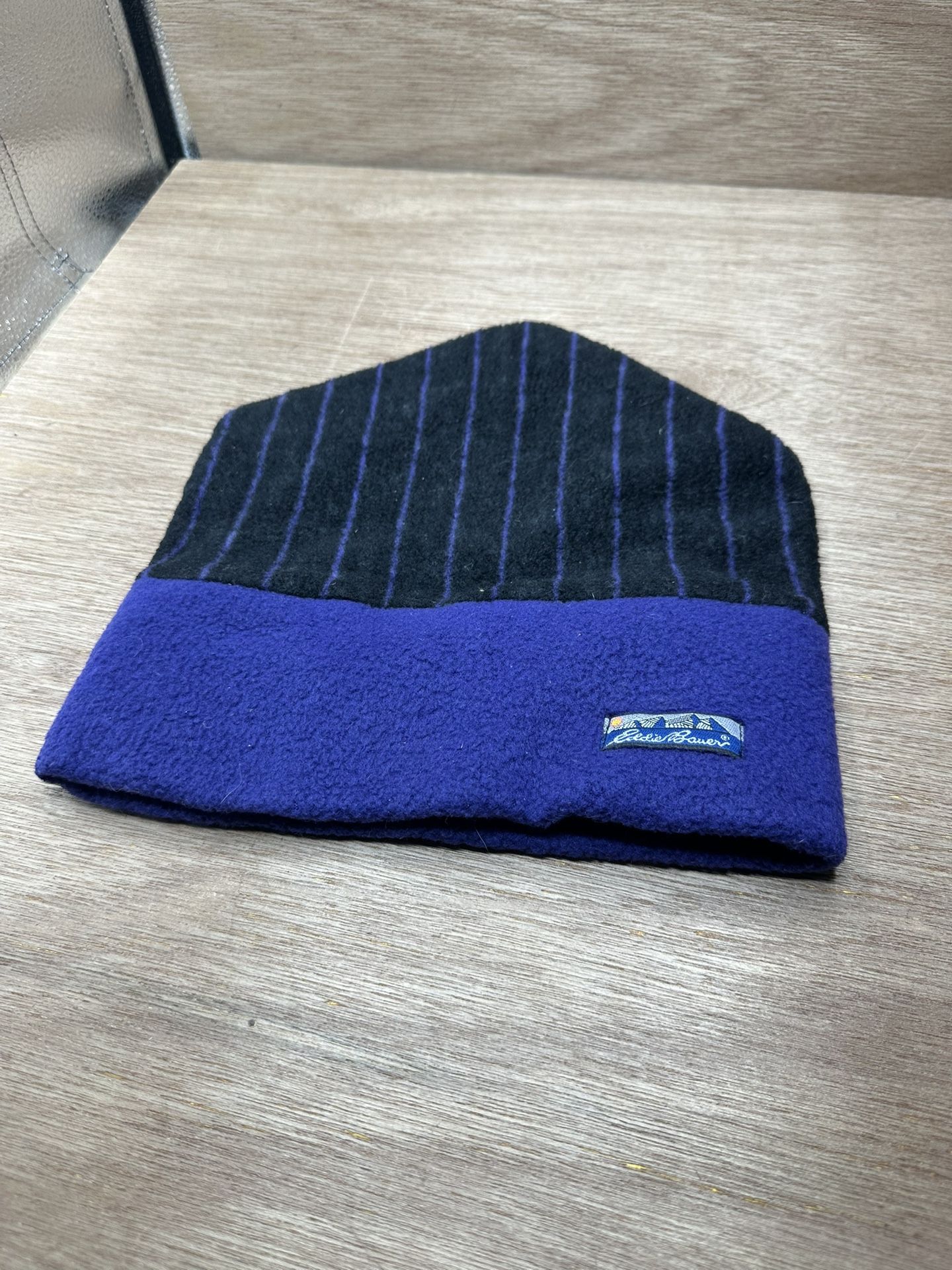 Vintage 80s 90s Eddie Bauer Purple Black Fleece Beanie Hat Outdoor Logo USA Made
