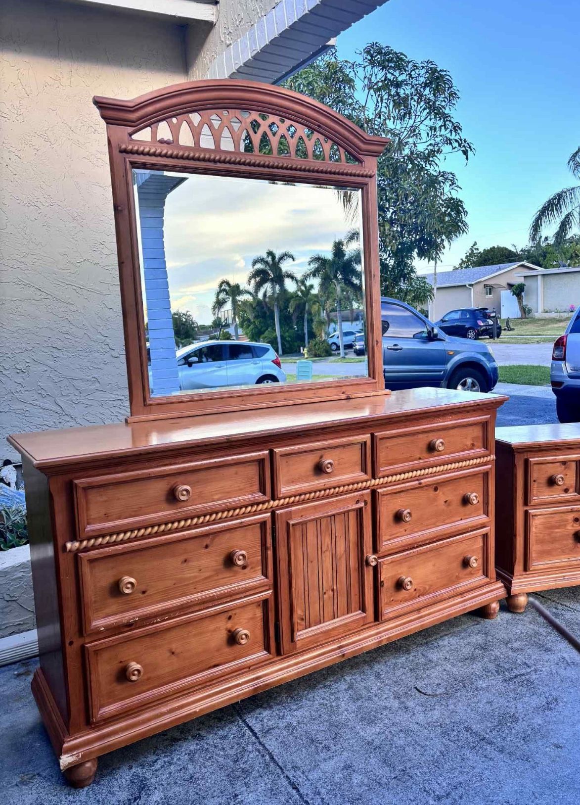 Solid Wood Dresser With Mirror & Matching Nightstand