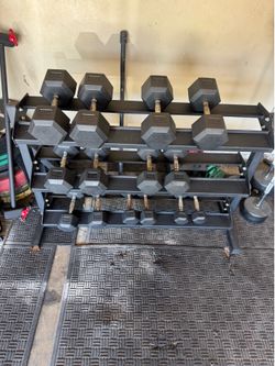 Rubber hex dumbbells 10-50lbs plus heavy duty rack 420lbs total