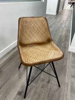 Modern Dining Chair – Faux Leather Back, Rattan Seat, Black Iron Frame | 7 Available