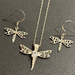 Sterling Silver Diamond Cut Dragonfly Necklace & Earrings.