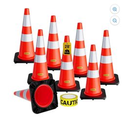 8 Pack 28" PVC Safety Traffic Cones, Road Parking Cone with Reflective Collar Caution Tape  B-17