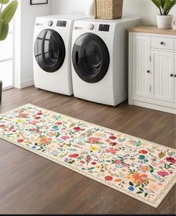 Boho Washable Area Rug 2x6 Beige Floral