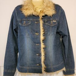 Billabong Faux Fur Trim Denim Blue Jean Jacket Women's Size L Vintage 