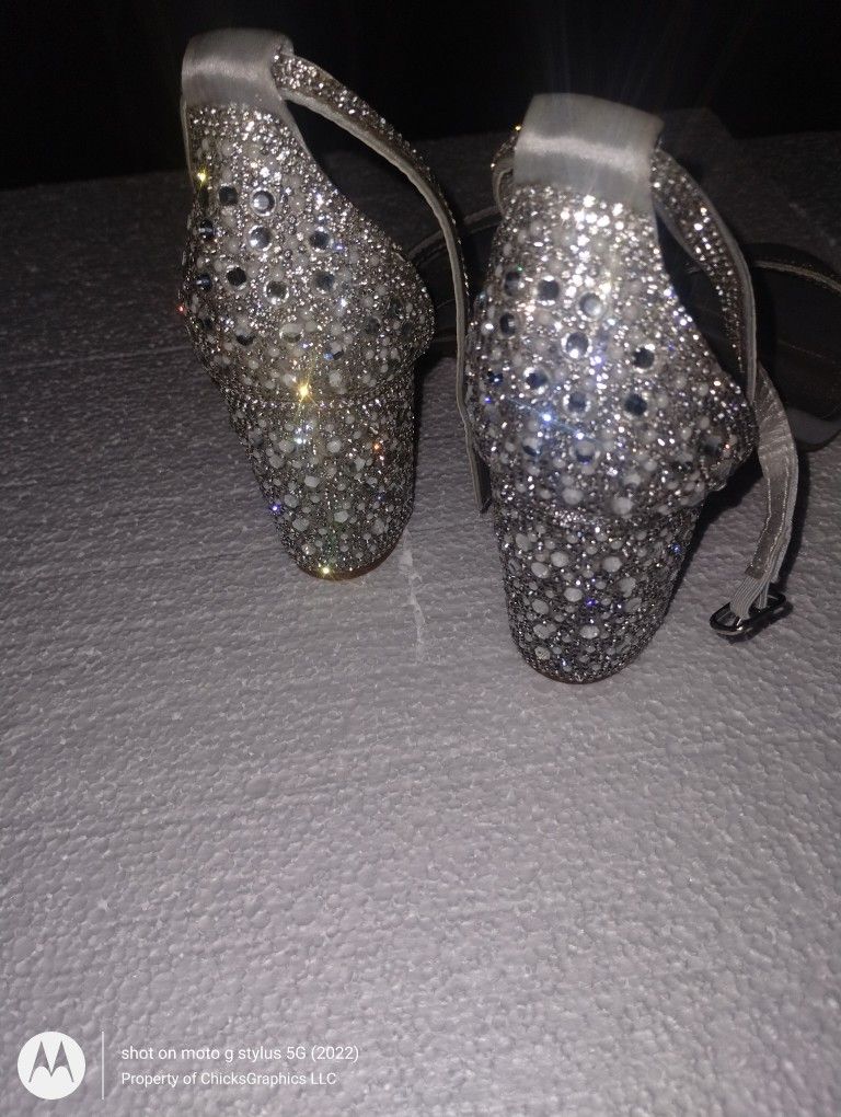 Metallic Silver Blinged Out Open Toe High Heel Shoes