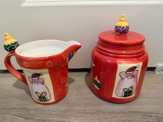 Christmas Pig Ceramic Creamer and Sugar Bowl Set