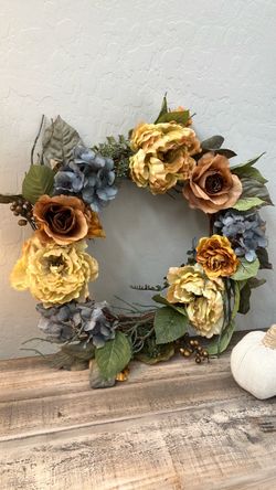 20" Autumn Fall Floral Wreath - Mustard Yellow & Slate Blue Decor