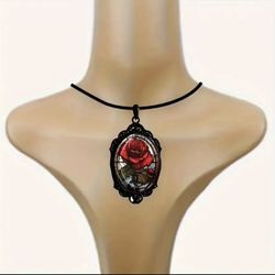 Brand New Elegant Bohemian Red Rose Oval Glass Pendant Necklace