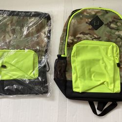 2 NEW Book-bag Knapsack Backpack Drawstring Bag Camouflage Print Neon Yellow Accessory Compartments
