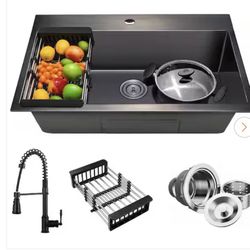 All-in-One Matte Black Finished Stainless Steel 33 in. x 22 in. Drop-In Single Bowl Kitchen Sink with Spring Neck Faucet