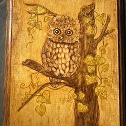 Vintage 1991 Hand-Painted Owl in a Tree Wooden Wall Hanging. 
