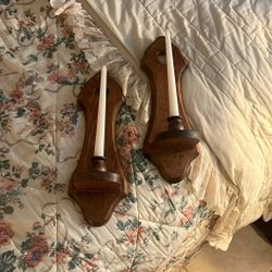 pair of vintage wooden candle holder sconce 