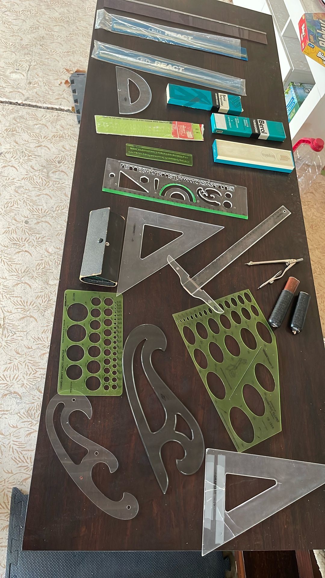 Drawing Drafting Turquoise Pencil Compass Stencil Lot