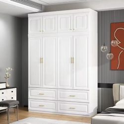 4 Door Wardrobe Closet With Drawers & Shelves, Armoire Closet With Hanging Rod, Wardrobe Cabinet With Gold Metal Handles, 