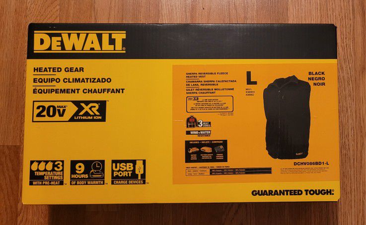 New Dewalt Size: Large 20v Sherpa Reversible Fleece Cordless Heated Vest Kit with Battery, power supply & Charger. Chest measurements 42"-44", Waist m