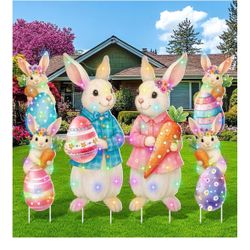 4 Pcs Easter Outdoor Decorations Bunny Yard Stake Signs with LED Light(new)