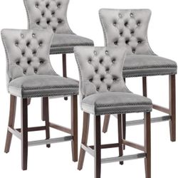 Set of 4 Velvet Bar Stools with 27 Inch Wing Back with Back Button and Nail Head Trim, Uphol