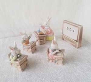 Photo Vintage Bunny Teacher and Class Figurine Set