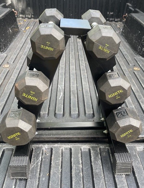 SET OF RUBBER HEX DUMBBELLS WITH SMALL PYRAMID RACK (PAIRS OF) : 8s 12s 20s