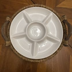 Round Serving Tray with Handles & Divided Ceramic Dish