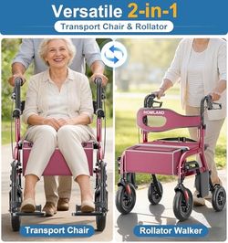 Brand new Foldable Walkers for Seniors with Seat, Lightweight 2 in 1 Rollator Walker Wheelchair Combo, 10" All Terrain Transport Chair with Brakes, Ad