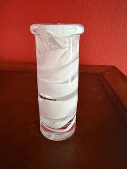 Hand Blown Art Glass Taper Candle Holder White Swirl Ribbon Heavy Glass 5.5”