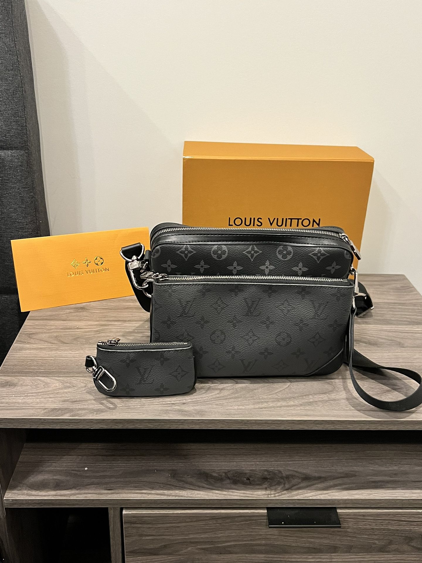 Louis Vuitton Grey And Black Monogram Print Crossbody Bag.