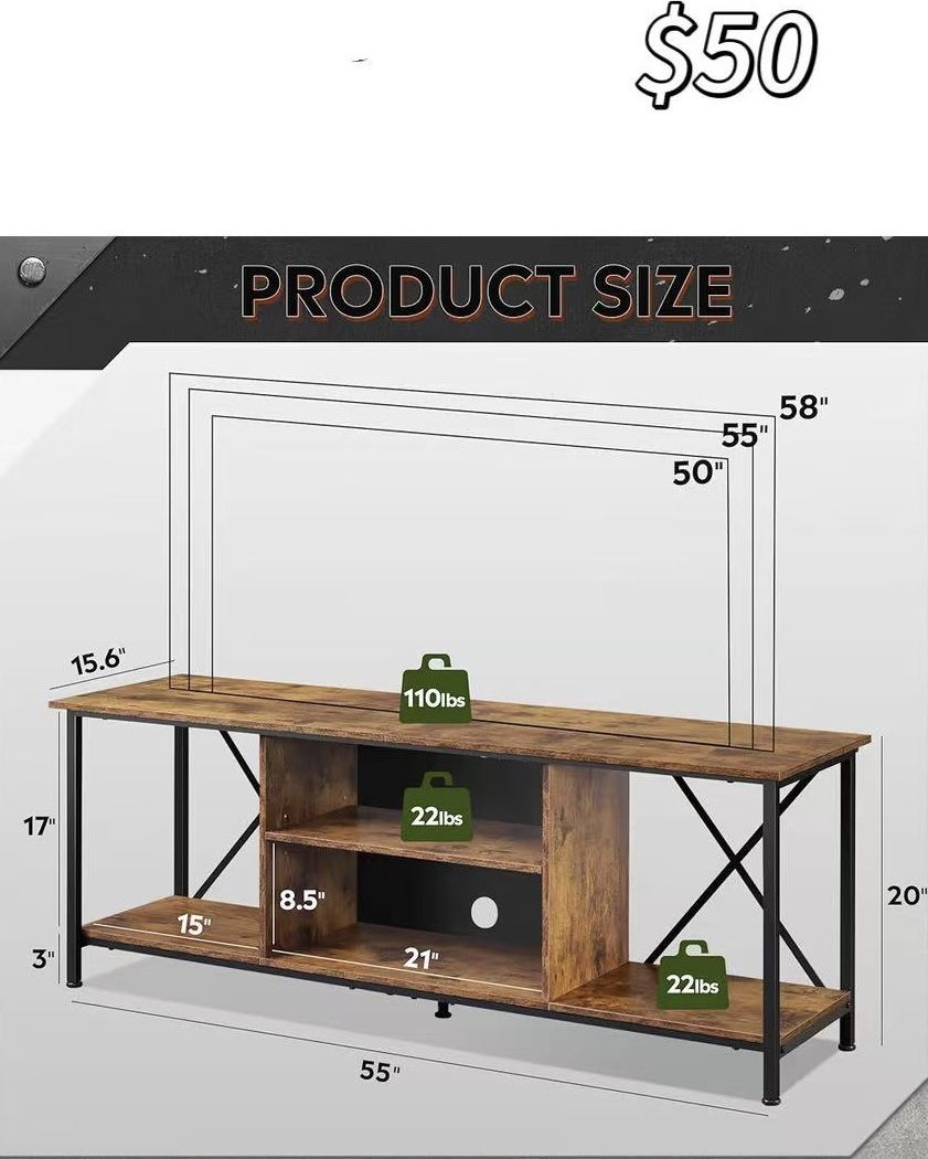 😀 WLIVE TV Stand for TV up to 65”, 55" Entertainment Center, Industrial TV Console with Open Storage Shelf for Living Room and Bedroom, Rustic Brown