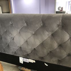 King Size Gray Plush Velvet  Button Bed Frame 