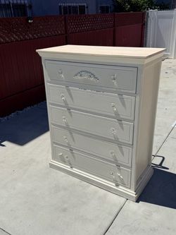 Vintage wood 5 drawer tall chest distressed white