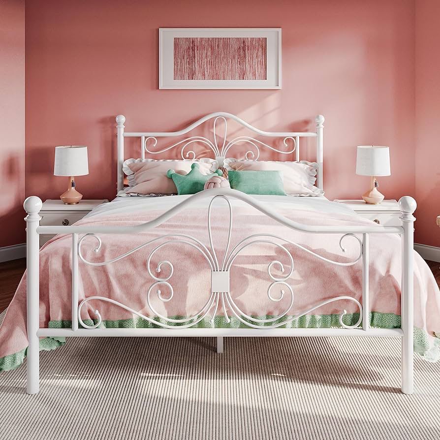  Queen Size Bed Frame with Headboard,Metal Bed Frame with Butterfly Pattern Design Headboard & Footboard,No Box Spring Needed,Easy Assembly,White