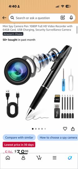 Mini Spy Camera Pen 1080P Full HD Video Recorder with 64GB Card, USB Charging, Security Surveillance Camera