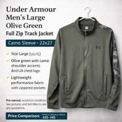 Under Armour Men’s Large Olive Green Full Zip Track Jacket Camo Sleeve