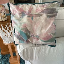 Couch Pillow In Pale Aqua, Rose And Outlined In Hunter Green