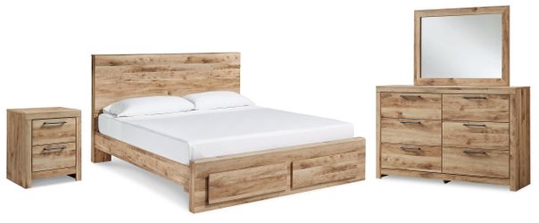 Hyanna Tan Brown King Panel Storage Bed, Dresser, Mirror and Nightstand