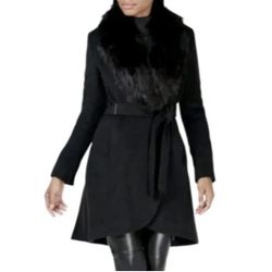 Calvin Klein Faux fur collar belted wool wrap Coat Black Women Size 4