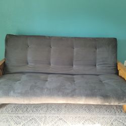 Queen Futon Sofa Bed with Extra Thick Gray Mattress and Wood Frame