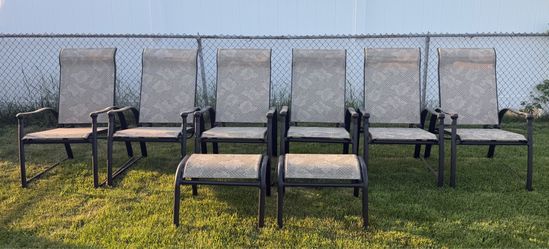 6 Adjustable Height Brown Aluminum Patio Chairs With 2 Footrests (All For $50)
