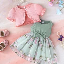 Brand New Charming Girls' Pink Cardigan with Ruffled Sleeves & Floral Mesh Dress Set