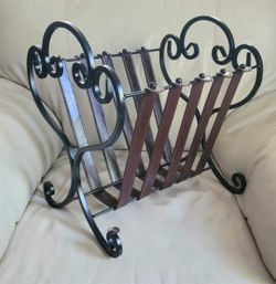 Vintage Wrought Iron and Genuine Leather Rack Laptop Vinyl Records Books Magazines Caddy