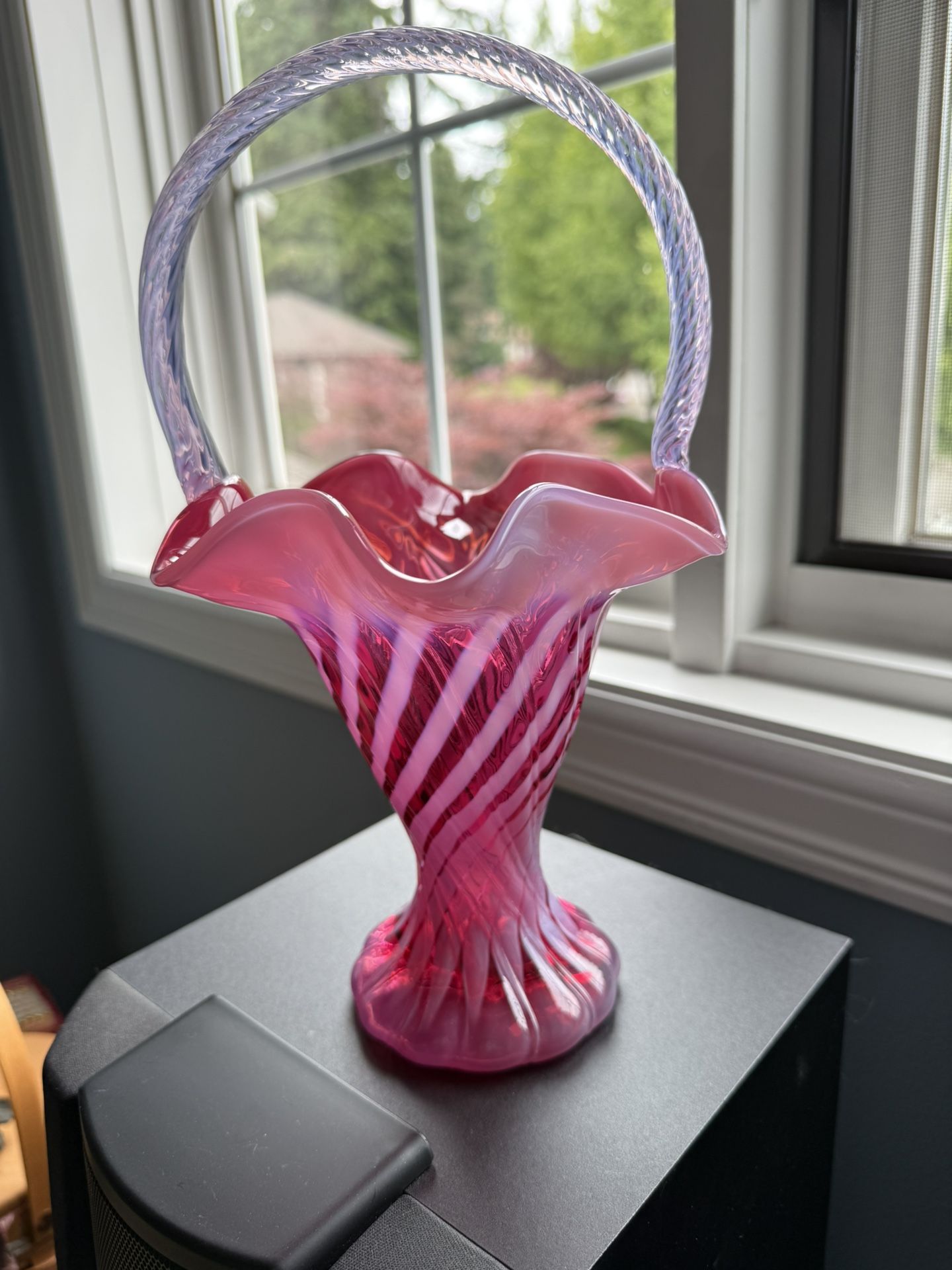 Fenton Cranberry Glass With Clear Applied Handle And Ruffled Edge Flower Basket