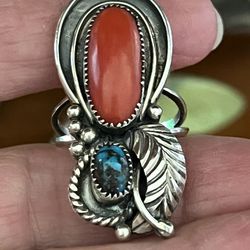 Vintage Navajo Sterling Silver, Turquoise, & Coral Ring